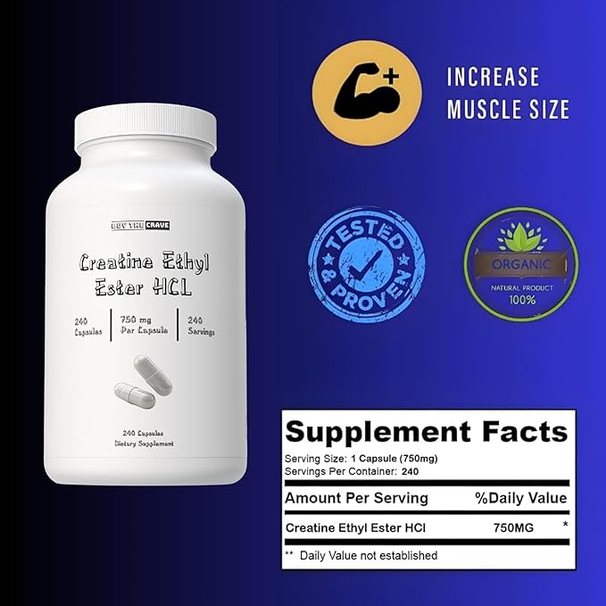 Creatine Ethyl Ester HCI Pills 7X Concentrated vs Monohydrate Powder Cognitive Energy Muscle Recovery Support for Men &amp Women | Only 1 Ingredient | Creatine HCI Capsules 240 Servings