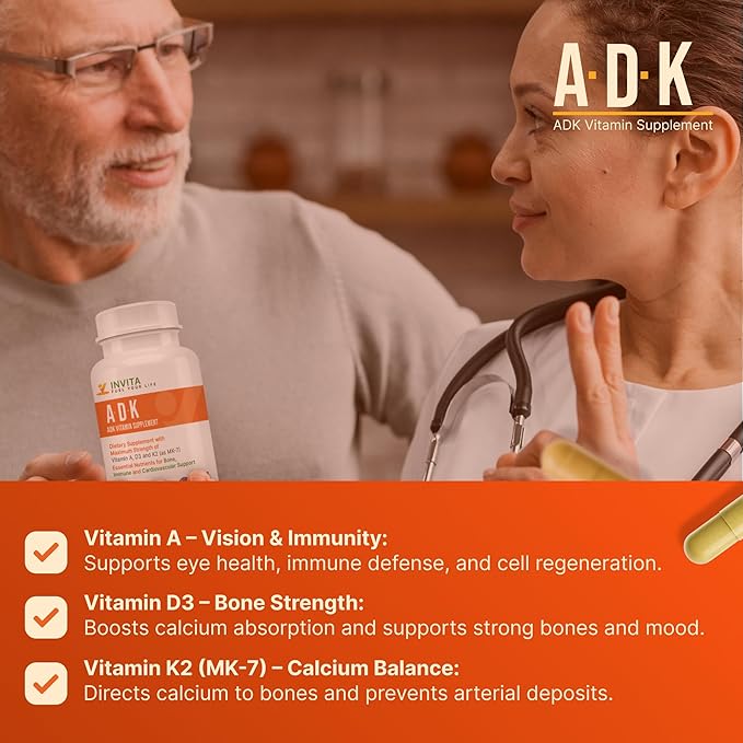 INVITA ADK Vitamin Supplement – 90 Capsules – High Potency of Vitamin A D3 5000 IU &amp K2-MK7 – Physician Formulated for Bone Heart &amp Immune Support – Non-GMO Gluten Free (3-Month Supply)