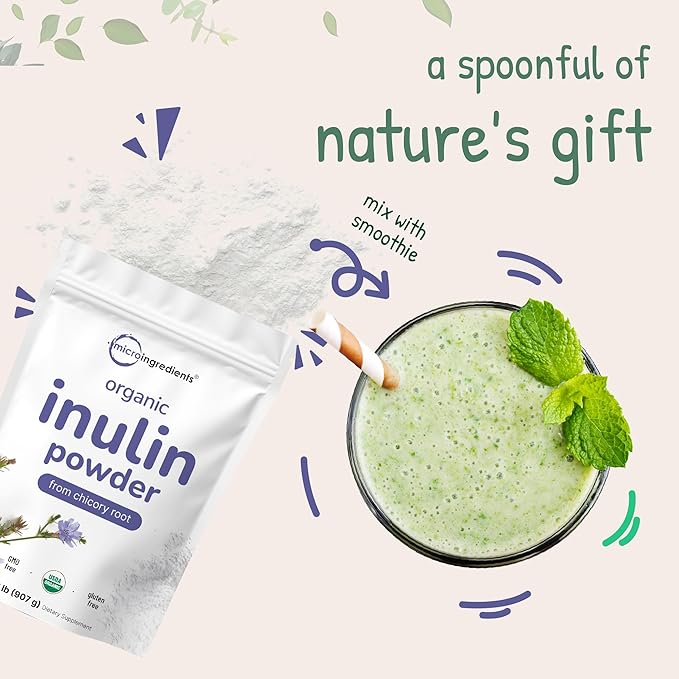 Micro Ingredients Organic Inulin Fiber Powder 2lb | Natural Prebiotic to Support Digestive &amp Gut Health | Soluble Easily Digestible | Unflavored Vegan