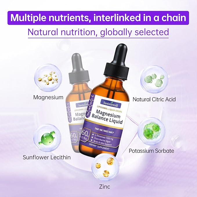 Magnesium L-Threonate Liquid Drops Magnesium L Threonate Supplement 1500mg High Absorption Brain Supplement for Memory Focus Sleep Sugar Free Vegan 4.08 Fl Oz(2 Pack)