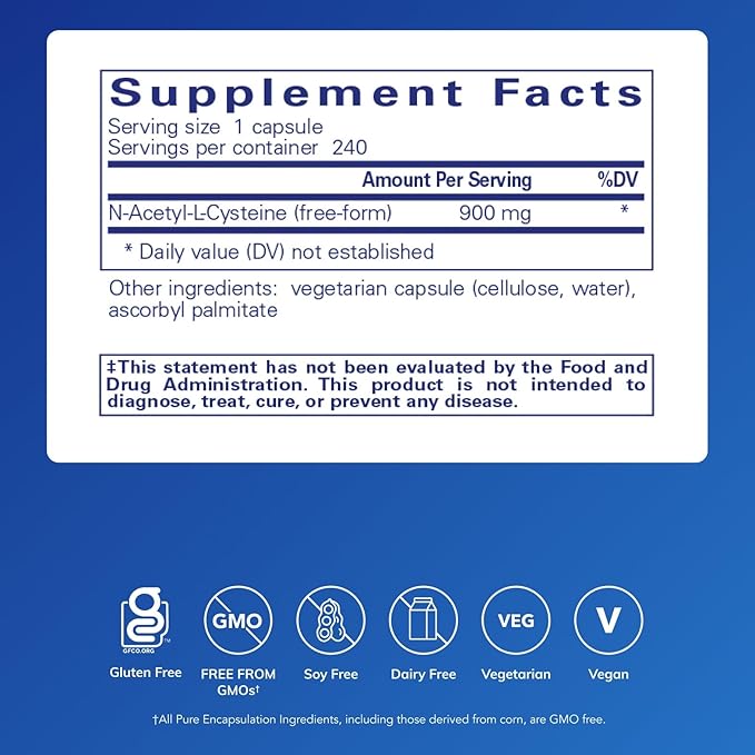 Pure Encapsulations NAC 900 mg - N-Acetyl Cysteine Amino Acid Supplement for Lung &amp Immune Support Liver &amp Antioxidants* - 240 Capsules