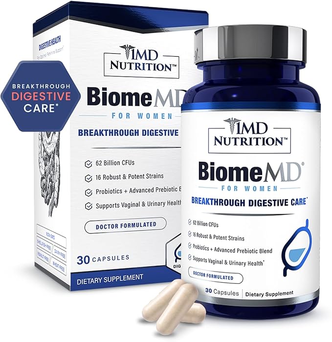 1MD Nutrition BiomeMD Probiotics for Women - Daily Prebiotics and Probiotics for Women - More Than 60 Billion CFUs 15 Strains - Womens Probiotic to Support Urinary &amp Vaginal Health - 30 Capsules