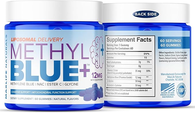 Pure Methylene Blue Pharmaceutical Grade Gummies - 60 Gummies 12mg Blue-Raspberry Flavor USA Made Liposomal Methylene Blue Chews with Vitamin C Ester &amp NAC Glycine for Brain Fuel &amp Mental Cl