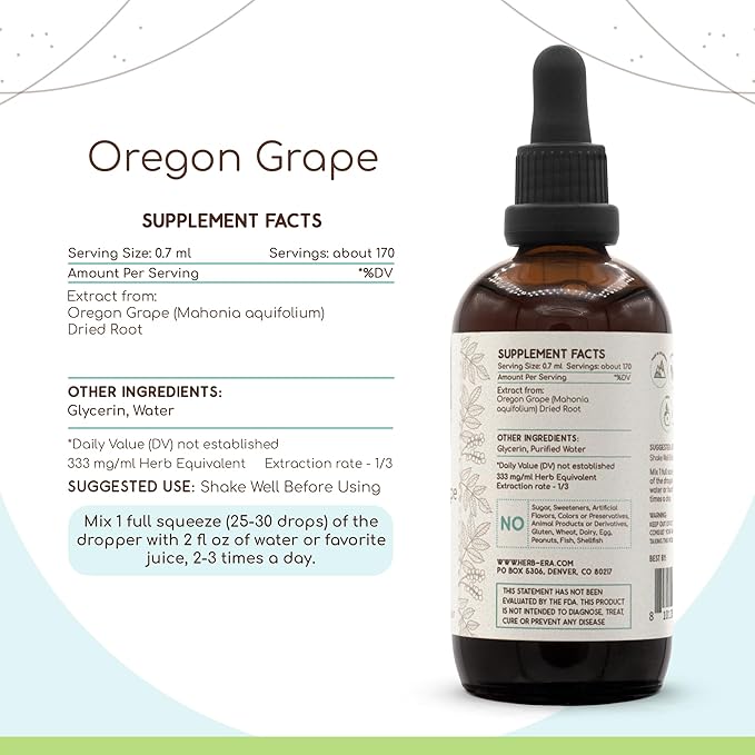 HerbEra Oregon Grape B120 Alcohol-Free Herbal Extract Tincture Super-Concentrated Responsibly farmed Oregon Grape (Mahonia spp.) (4 fl oz)