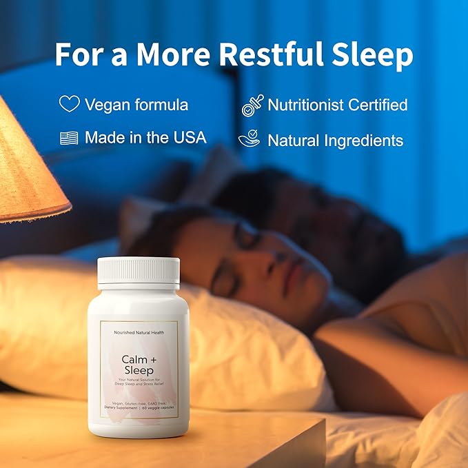 Nourished Natural Health Calm + Sleep – Relaxation &amp Melatonin-Free Sleep Supplement for Women Cortisol Support with Ashwagandha L-Theanine Magnesium &amp Valerian Root – Vegan &amp Non-GMO –