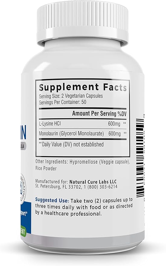 Palmara Health L-Lysine with Monolaurin 600mg 1:1 Ratio 1 Pack 100 Capsules