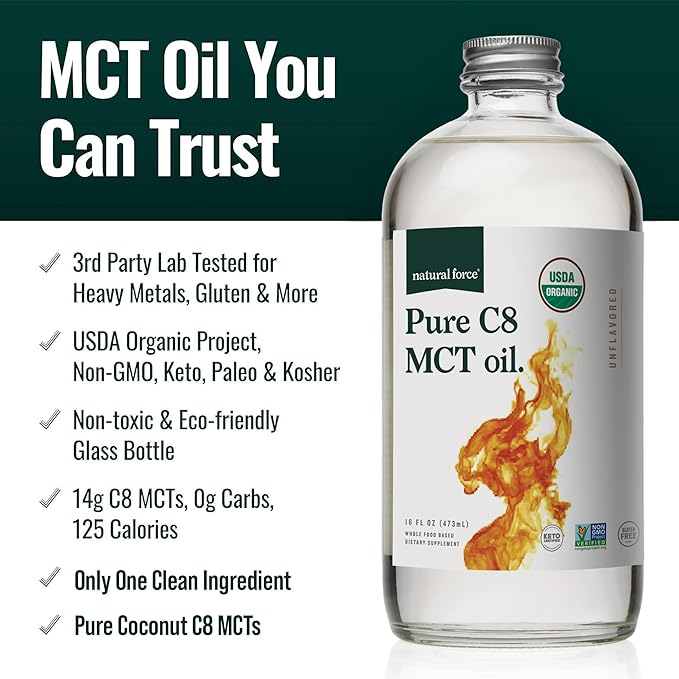 Natural Force Organic Pure C8 MCT Oil – Liquid MCT Oil in Glass Bottle Container – Concentrated Caprylic Acid – Keto Paleo Kosher Vegan &amp Non-GMO – Lab Tested for Quality and Purity 16 Ounce