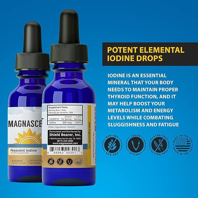 Nascent Iodine Organic Daily Health Supplement High Potency 2% Concentrated Liquid Iodine Drops Supports Energy &amp Metabolism (1oz/30ml)