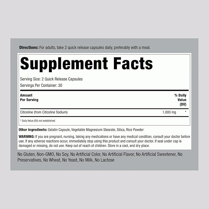 Piping Rock CDP Choline Citicoline 1000mg | 60 Quick Release Capsules | for Men and Women | Non-GMO Gluten Free Dietary Supplement