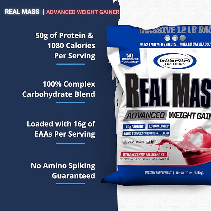 Gaspari Nutrition Real Mass: Advanced Weight Gainer Protein and Complex Carb Blend 50g Protein 16g EAAs Gluten-Free 12 lbs (Strawberry Milkshake)