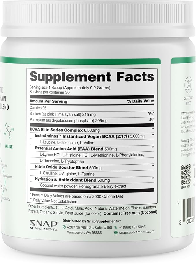 Snap Supplements BCAA Powder - 5g Vegan Branched Chain Amino Acids (2:1:1 Leucine Isoleucine Valine) + Essential Amino Acids with Nitric Oxide Booster 30 Servings Pomegranate Watermelon