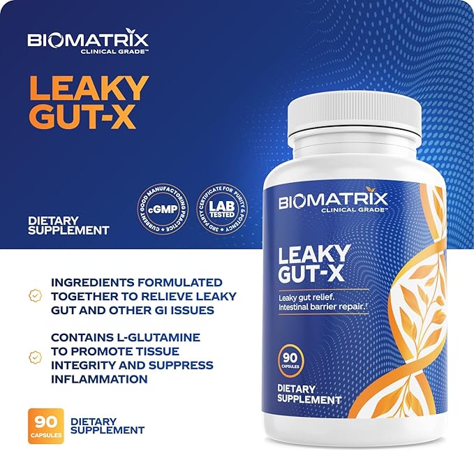 BioMatrix Intestinal Repair Supplement with Glutamine and Herbs for Leaky Gut Prebiotic Support Relief from Bloating Gas Constipation | SIBO | Veggie Caps | 60-Day Supply – Leaky Gut-X