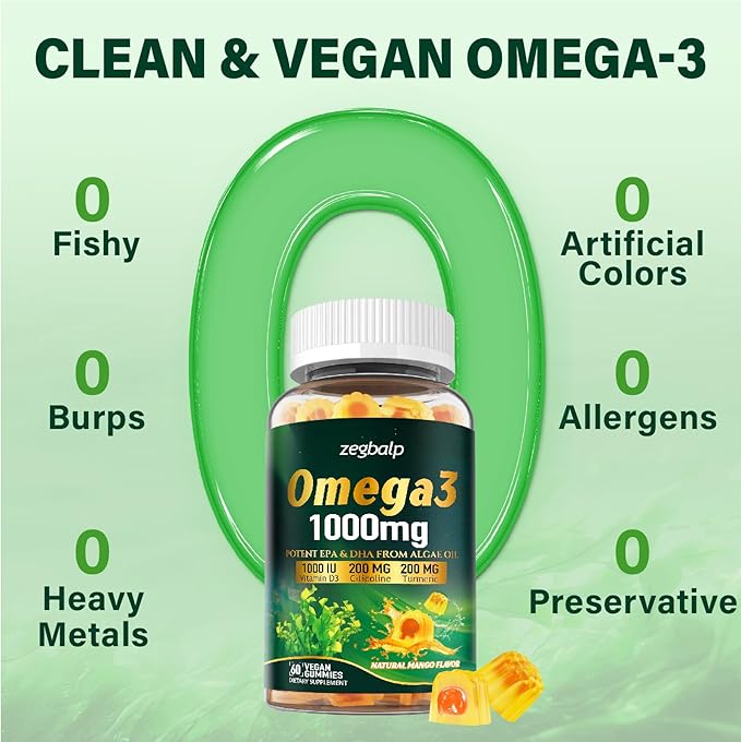 Omega-3 Supplement Gummies for Women &amp Men - 1000mg Vegan Omega3 DHA &amp EPA with Turmeric Vitamin D3 K2 Citicoline for Overall Health - Algae Oil Omega 3 Fatty Acid Supplements Sugar-Free