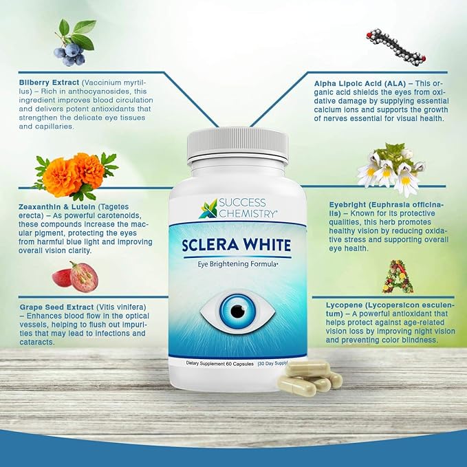 Sclera White Eye Brightening Formula by Success Chemistry - for Beautiful Bright Eyes. Reduce Eye Strain &amp Fatigue. Non-GMO 60 Veggie CAPS