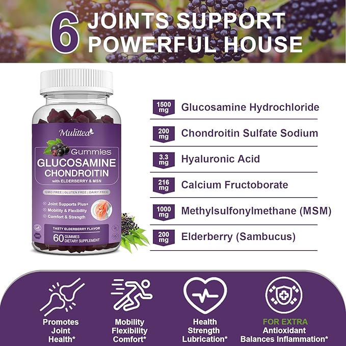 Mulittea Glucosamine Chondroitin Gummies - Extra Strength Joint Support Supplement with MSM &amp Elderberry for Natural Joint Antioxidant Immune Support for Adults Men &amp Women-(2 Pack)