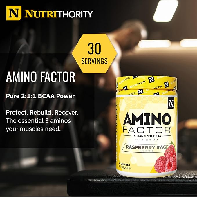 Nutrithority - BCAA Powder Post Workout Recovery Powder with BCAAs Amino Acids L-Isoleucine L-Leucine and L-Valine Improve Muscle Recovery and Hydration Sugar Free (Raspberry Rage) (30 Servings)