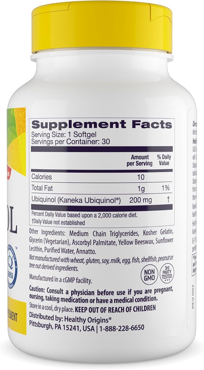 Healthy Origins Ubiquinol (Active Form of CoQ10) 200 mg - Ubiquinol Supplements for Heart Health &amp Antioxidant Support - Gluten-Free &amp Non-GMO Supplement - 30 Softgels