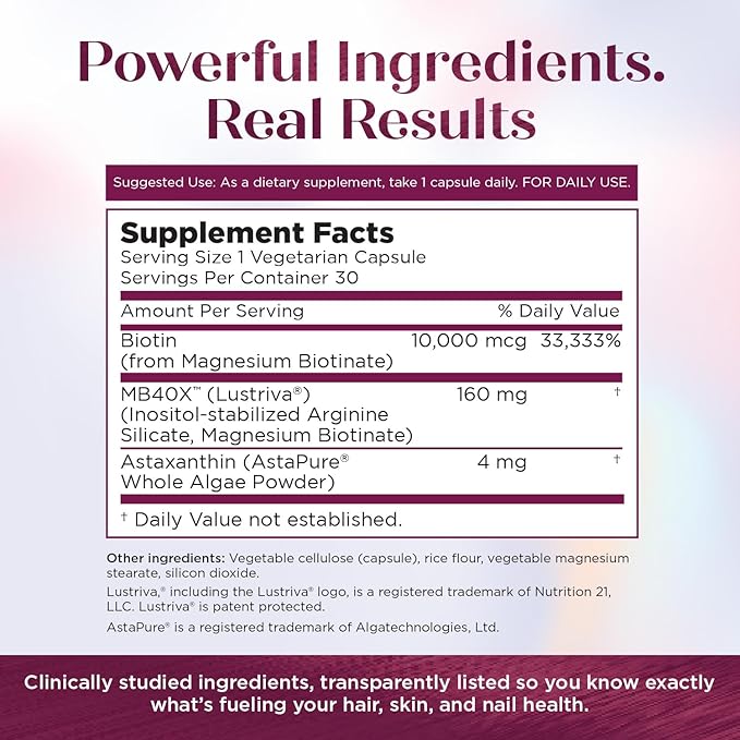 Purity Products MyBiotin ProClinical – Thicker Hair Starting in 3 Weeks &amp Fights Wrinkles - MB40X Patented Biotin Vitamin B7 Matrix w/Astaxanthin - 40X More Soluble vs Ordinary Biotin 30 Veg Caps