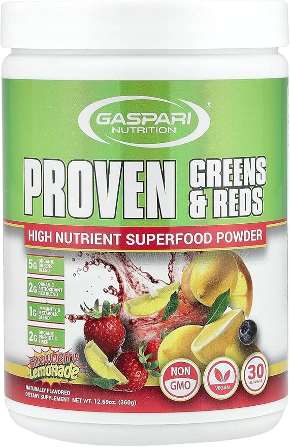 Gaspari Nutrition Greens and Reds: Organic Superfood Powder Immune Support Probiotics and Fiber Vegan and Non-GMO (12.69 (Pack of 1) Strawberry Lemonade)