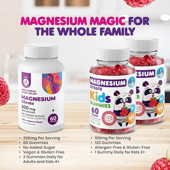 DR. MORITZ Calm Magnesium Gummies for Adults (200mg 60 Count) and Kids Magnesium Gummies (60 Count 2 Pack) - for Relaxation Support - Sugar-Free &amp Non-GMO - Raspberry Flavor