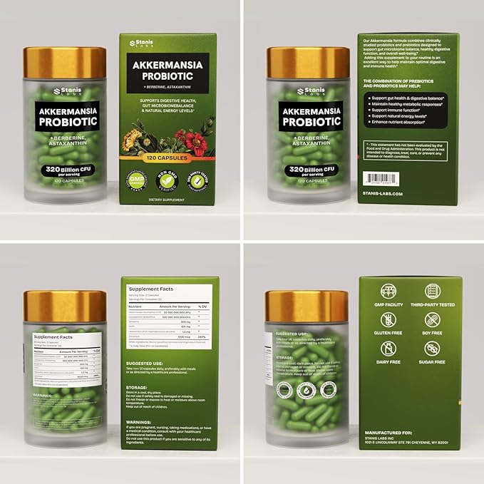 Akkermansia Muciniphila Probiotics 320 Billion CFU| Probiotic and Prebiotic | Akkermansia Probiotics for gut health | Inulin Prebiotic Fiber Capsules Astaxanthin &amp Berberine &amp Chromium 480 cap