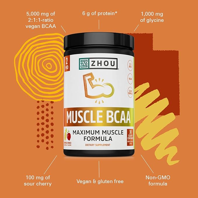 ZHOU Muscle BCAA - Vegan BCAA Powder BCAA Supplements for Men &amp Women Support Muscle Health Drink for Energy All Natural Branched Chain Aminos - Tropical Punch 11.6 oz (30 Servings)