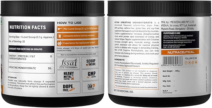 AS-IT-is Atom Creatine Monohydrate 100g - 32 Servings | Dope Free | Enhances Performance | Promotes Muscle Gains | Coffee Fusion Flavour