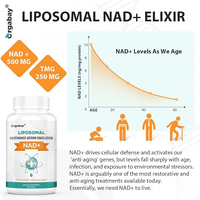 Orgabay Liposomal NAD+ Supplement 500 mg High Absorption Boost NAD+ with TMG 250 mg Actual NAD Plus More Efficient Than Nicotinamide Riboside Support Cellular Energy Healthy Aging | 60 Softgels