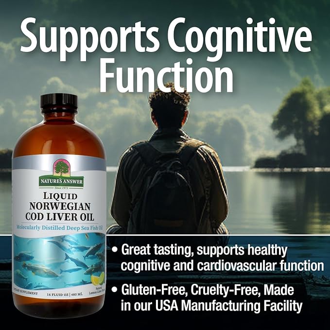 Nature's Answer Cod Liver Oil Liquid Supplement 16-Fluid Ounces | Promotes a Healthy Heart &amp Brain | Cognitive and Cardiovascular Support | Great Tasting (Pack of 1)