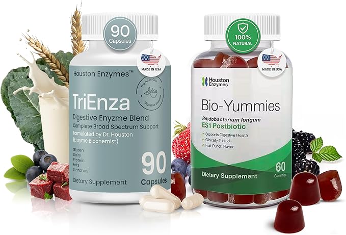 Houston Enzymes Digestive Health Bundle - TriEnza Digestive Enzymes for Women &amp Men 90 Capsules &amp BioYummies Postbiotic Supplement 60ct ES1 Postbiotic Metabolites from Prebiotics and Probiot