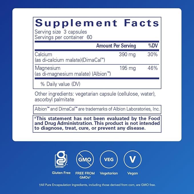 Pure Encapsulations Cal/Mag (Malate) 2:1 - Calcium &amp Magnesium (Malate) - Bone Health Supplement* - Optimal Absorption - Vegan &amp Gluten Free - 180 Capsules