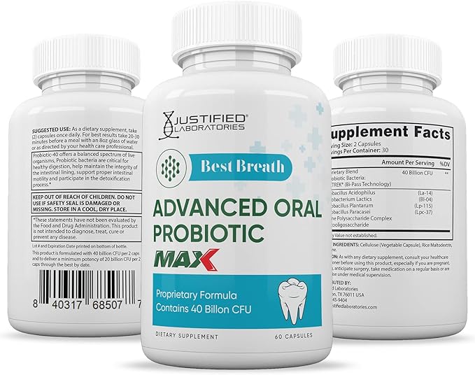 Justified Laboratories (2 Pack) Best Breath Max 40 Billion CFU Probiotic Oral Support 120 Capsules