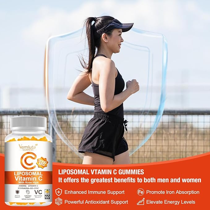 2 Pack Liposomal Vitamin C 2000mg Gummies Complex Rose Hips with D3 5000IUElderberry EchinaceaIron &amp Zinc for Adults Kids ImmuneAntioxidant &amp Collagen SupportOrange Flavor 120Count