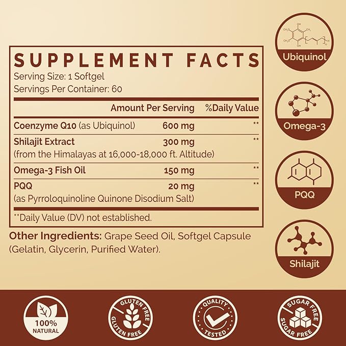 Ubiquinol CoQ10 600 MG Softgels with Omega-3 &amp Shilajit &amp PQQ Advanced Dual-Delivery Coenzyme-Q10 Active CoQ10 Ubiquinol Supplement for Fertility Antioxidant Heart Brain &amp Energy 180