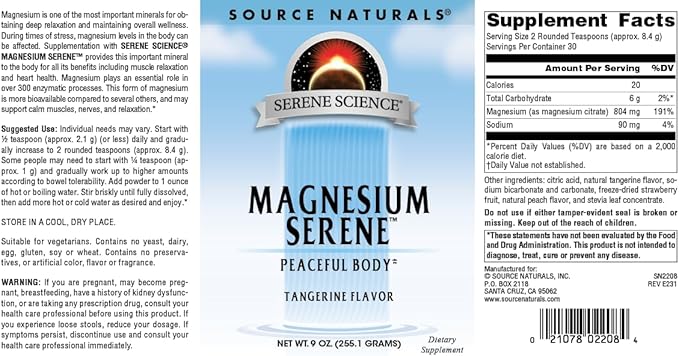 Source Naturals Serene Science Magnesium Serene Peaceful Body* Tangerine Flavored - 9 Ounce Powder