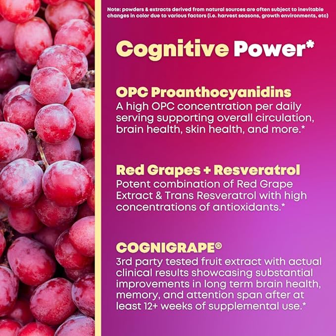Resveratrol Complex Supplement with Clinically Tested Cognigrape Red Grape Extract OPC Proanthocyanidins - Antioxidant &amp Brain Health Support - 90 Veggie Capsules Non-GMO Gluten-Free Vegan
