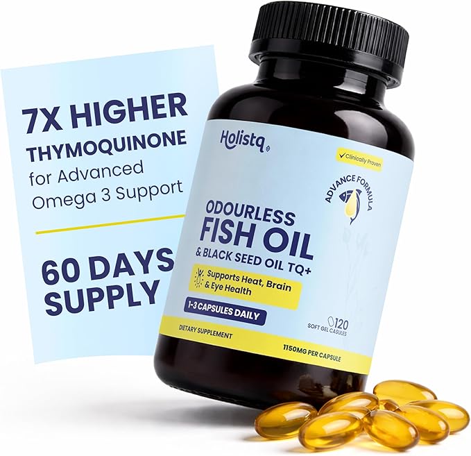 Odorless Fish Oil &amp Black Seed Oil Organic Cold Pressed Capsules with 5% Thymoquinone Nigella Sativa Black Seed Extract and Omega 3 6 9 for Daily Immune Support Non-GMO 120 Softgels