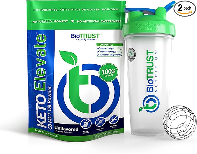 BioTrust Keto Elevate Pure C8 MCT Oil Powder (Unflavored) BlenderBottle Bundle