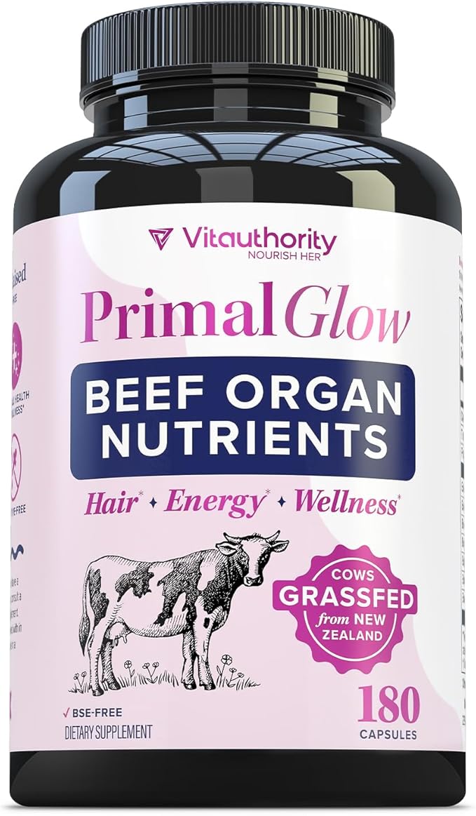 Beef Organ Supplement for Women | Grass-Fed Pasture-Raised New Zealand Bovine | 7 Organ Extracts with Liver Heart Kidney Bone Marrow &amp More Energy Digestion &amp Skin Support Primal Glow 30