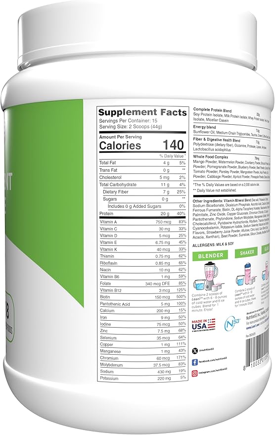 Lean1 Meal Replacement Protein Shake Strawberry Flavor 15 Serving Tub