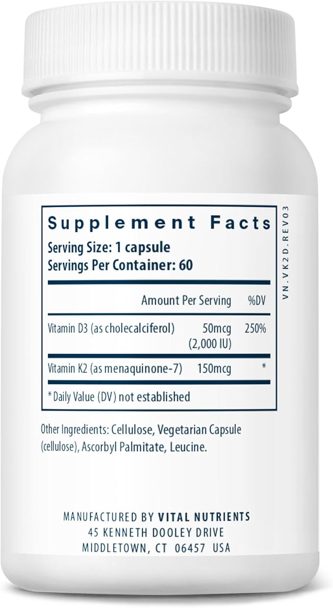 Vital Nutrients Vitamin D3 + K2 | 2000 IU | Vitamin D3 K2 Supplement | Vitamin D Complex for Healthy Calcium Levels Muscle &amp Bone Health | Gluten Dairy Soy Free | 60 Capsules