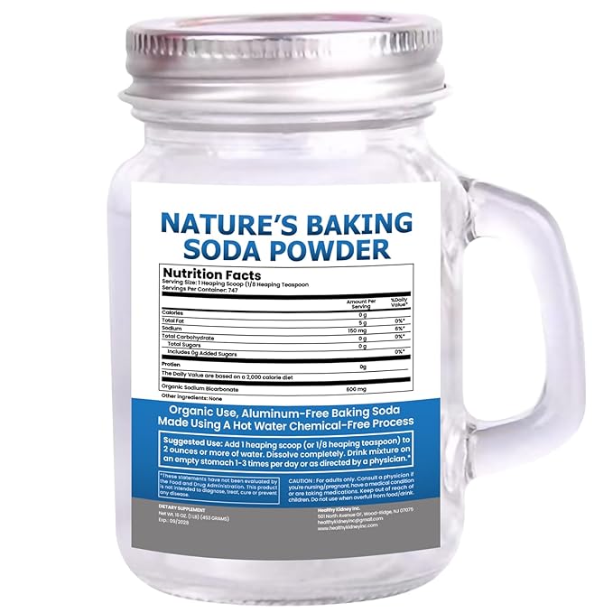 Organic Use Aluminum Free Baking Soda Bulk Supplement Powder in Mason Jar with Lid &amp Spoon - Food Grade &amp Organic Use Baking Soda for pH Balance Kidney Health Antacid &amp Detox Support - 1
