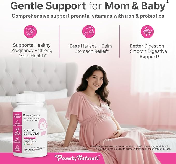 Power By Naturals Methyl Prenatal with Probiotics – Prenatal Vitamins for Women with Iron Methyl Folate B12 &amp 28 Nutrients &amp Botanicals – Vegan Non-GMO Gluten-Free – 60 Capsules (1-Month S
