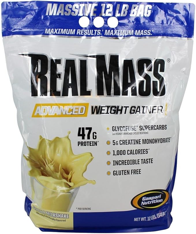 Gaspari Nutrition Real Mass: Advanced Weight Gainer Protein and Complex Carb Blend 50g Protein 16g EAAs Gluten-Free 12 lbs (Vanilla Milkshake)