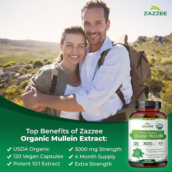 Zazzee USDA Organic Mullein Leaf Extract &amp 120000 SPU Serrapeptase Proteolytic Enzyme Capsules | Respiratory Lung Health Support Bundle (120 Servings Each)