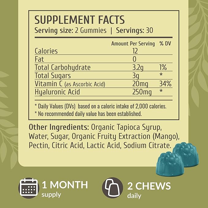 HERBAMAMA Hyaluronic Acid Gummies - 250mg Pure Hyaluronic Acid for Hair Skin &amp Nails Support - Vegan Non-GMO Skin Elasticity Supplement - 60 Pectin-Based Mango-Flavored Chews
