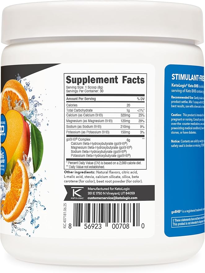 Ketologic Keto BHB (Orange Mango Flavor) 30 Servings - Exogenous Ketone Supplement with goBHB Beta-Hydroxybutyrate Salts