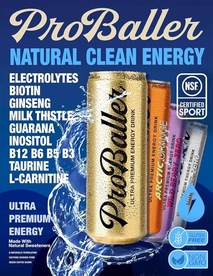 ProBaller Clean Energy Drink - Athlete-Grade Energy for Focus &amp Performance Zero Sugar NSF Certified for Sport Natural Caffeine Biotin Electrolytes Amino Acids &amp B Vitamins - Variety 12