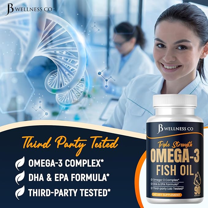 Triple Strength Omega 3 Fish Oil 3750 mg - EPA &amp DHA - Over 3000mg Omega-3 Fatty Acids - 1350mg EPA + 900mg DHA - Best Essential Fatty Acids Burpless Fish Oil - 90 Count