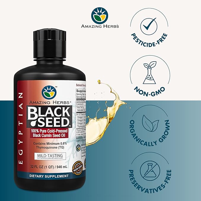 Amazing Herbs Egyptian Black Seed Oil - Gluten Free Non GMO Cold Pressed Nigella Sativa Aids in Digestive Health Immune Support Brain Function Mild Flavor - 32 Fl Oz